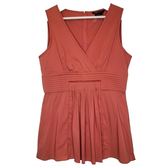 BCBGMAXAZRIA Pleated V Neck Top Sleeveless Woven Cotton Burnt Orange Exposed Zip - Picture 1 of 13